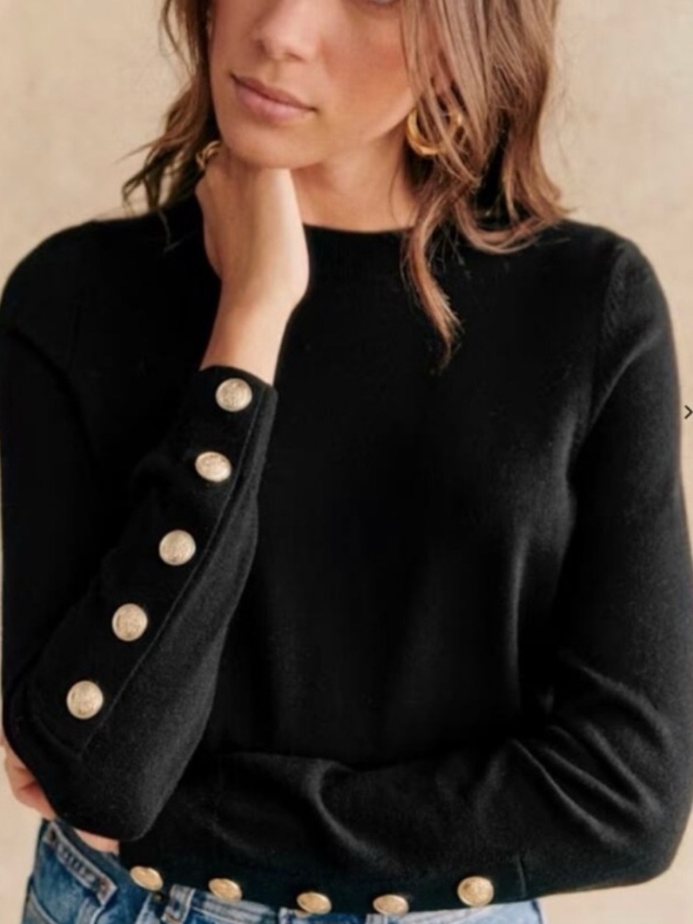Sezane Paulo Sweater Black Merino Wool Gold Buttons Medium